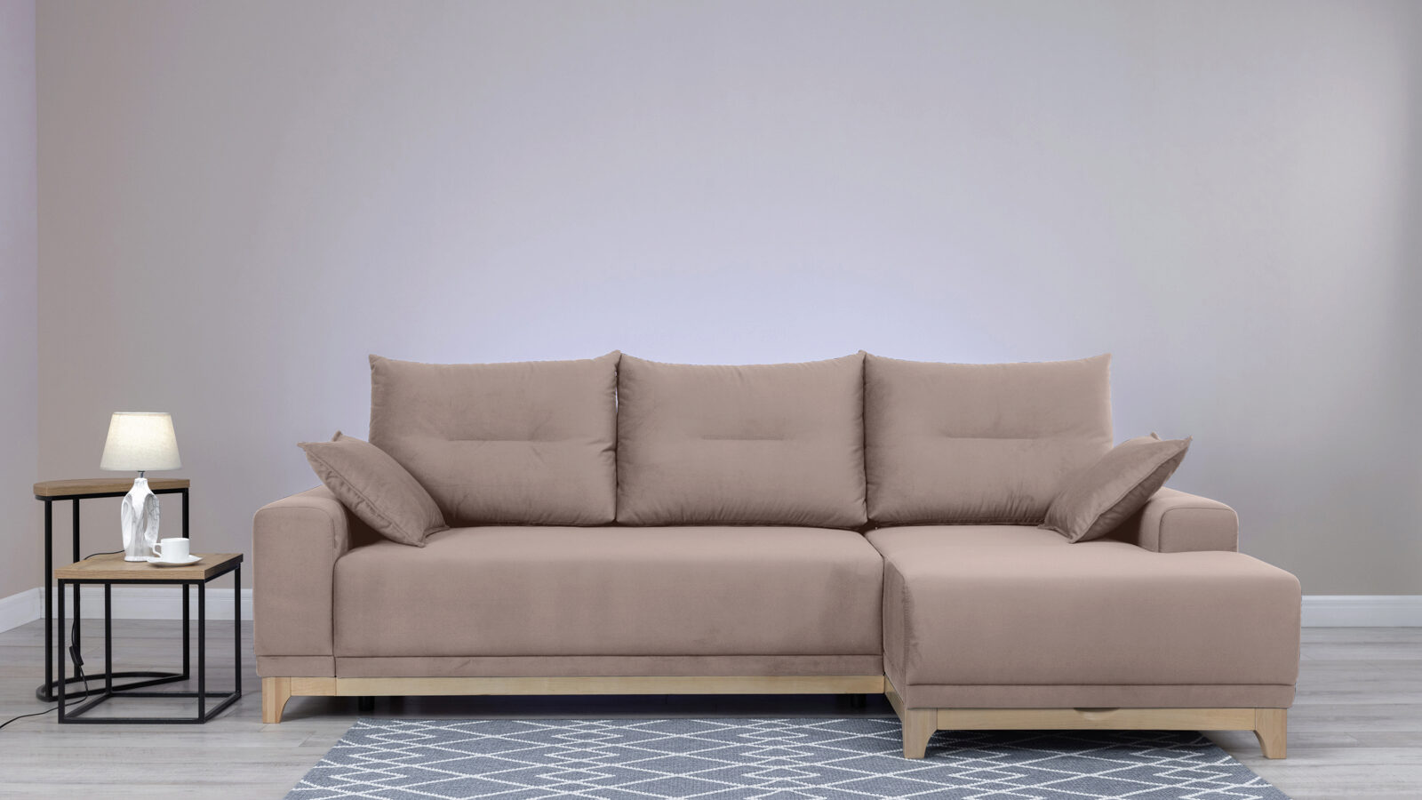 Угловой диван Frost new, правый угловой стол правый угол 1150 × 1100 × 780 мм карамель