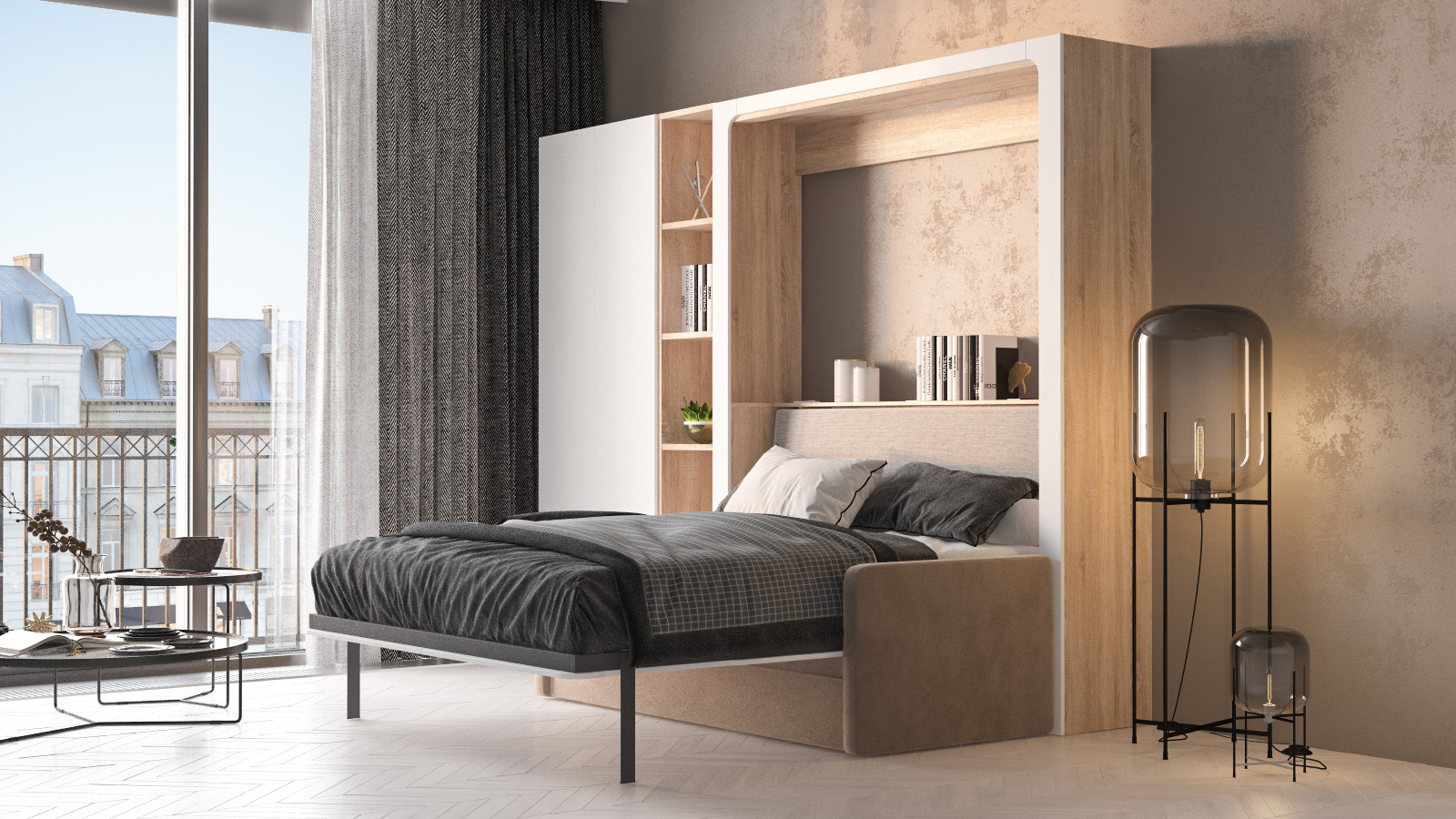 фото Комплект мебели wall bed life time с диваном и шкафами, цвет дуб белый askona