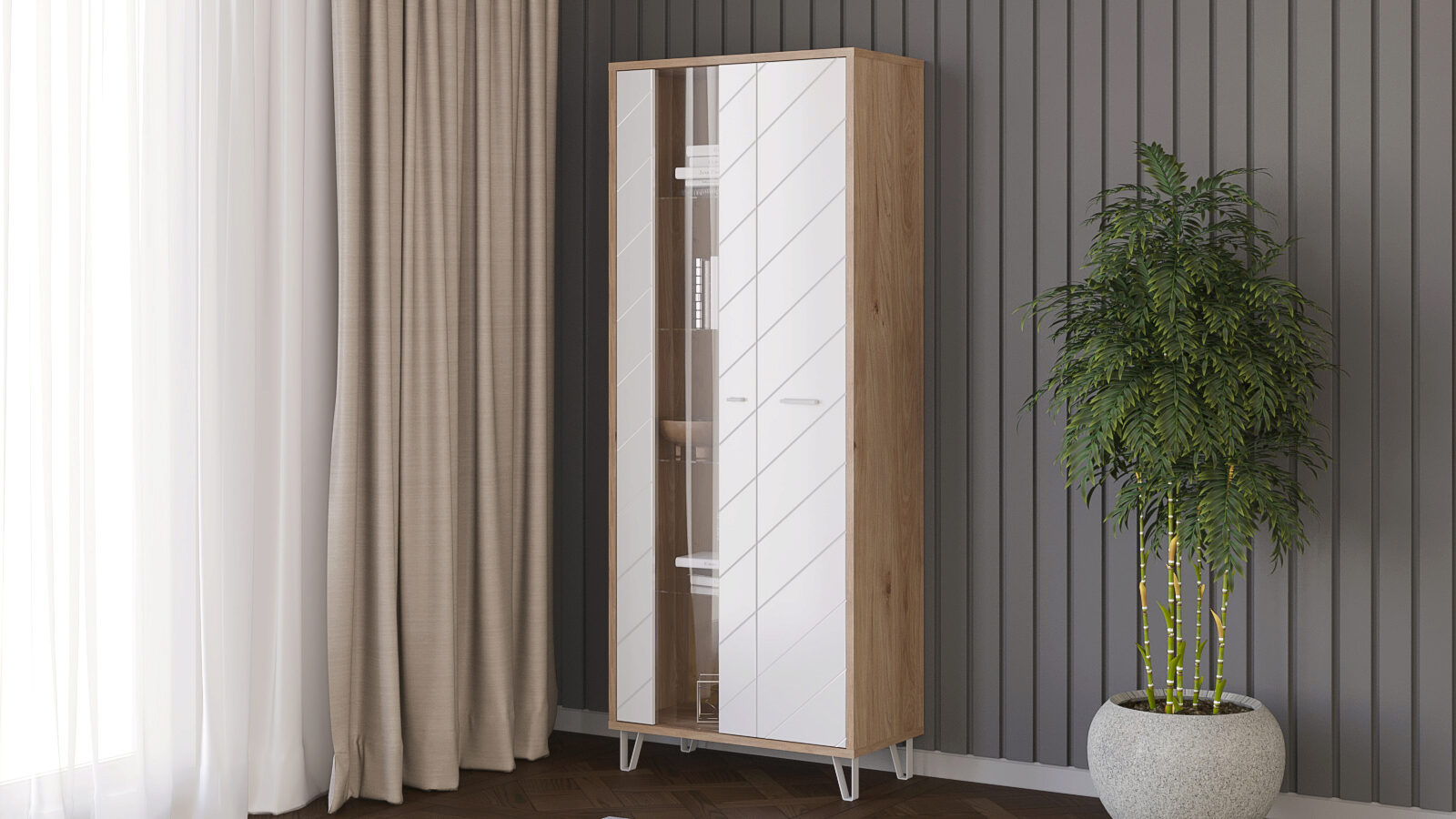Шкаф двухдверный со стеклом Agira, цвет: Гикори кингстон + Белый блеск рама со стеклом белая 15 х 20 см