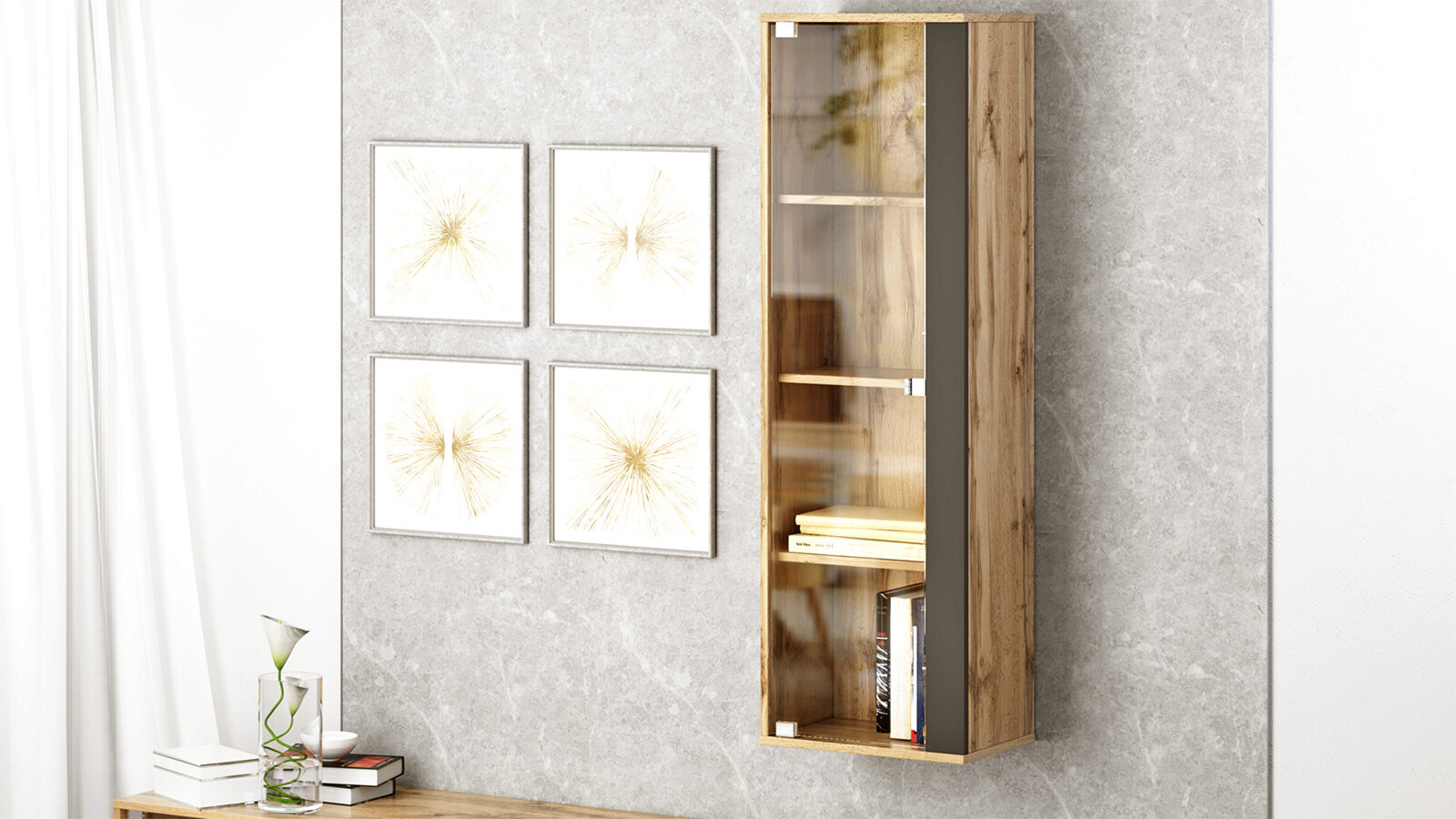 Шкаф навесной со стеклом Brick, цвет: Дуб Натюрель + Графит рама со стеклом белая с золотом 30 х 40 см
