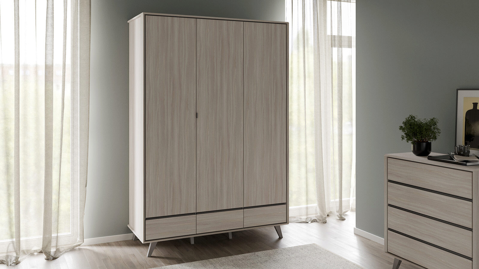 Шкаф трехдверный Onega, цвет Ясень Шимо + Серый шкаф для платья ассоль 800×572×2142 мм ясень шимо светлый